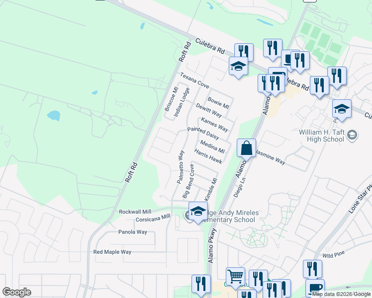 map of restaurants, bars, coffee shops, grocery stores, and more near 6218 Palmetto Way in San Antonio