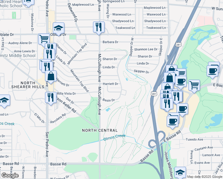 map of restaurants, bars, coffee shops, grocery stores, and more near 307 Rilla Vista Drive in San Antonio