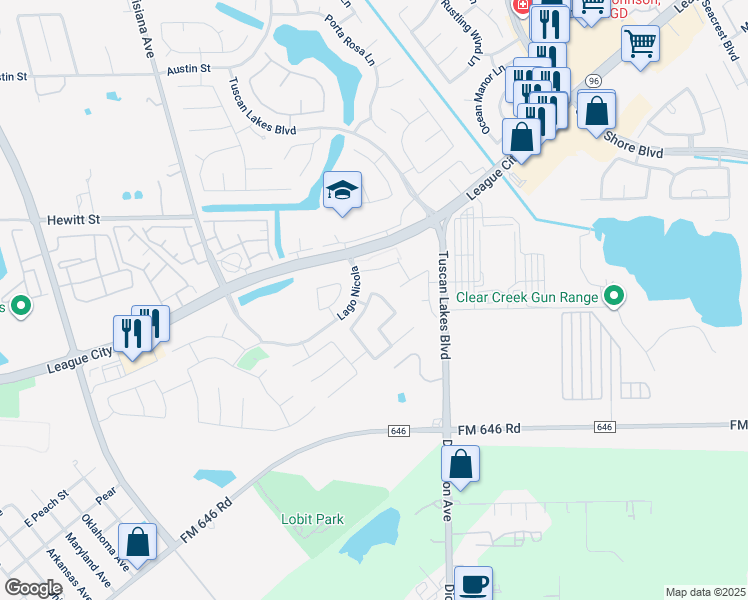 map of restaurants, bars, coffee shops, grocery stores, and more near 1607 Cintola Lane in League City