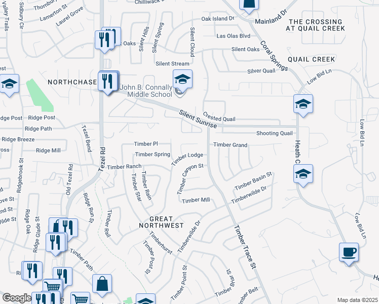 map of restaurants, bars, coffee shops, grocery stores, and more near 8427 Timber Lodge in San Antonio