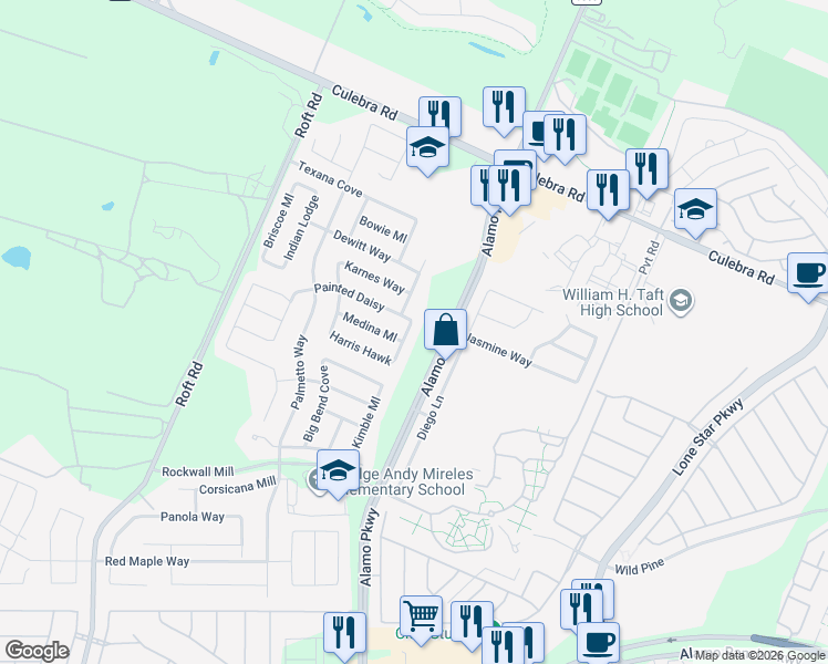 map of restaurants, bars, coffee shops, grocery stores, and more near 6522 Oldham Cove in San Antonio