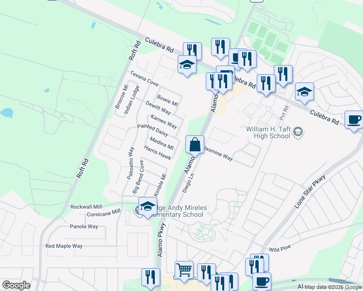 map of restaurants, bars, coffee shops, grocery stores, and more near 6514 Oldham Cove in San Antonio