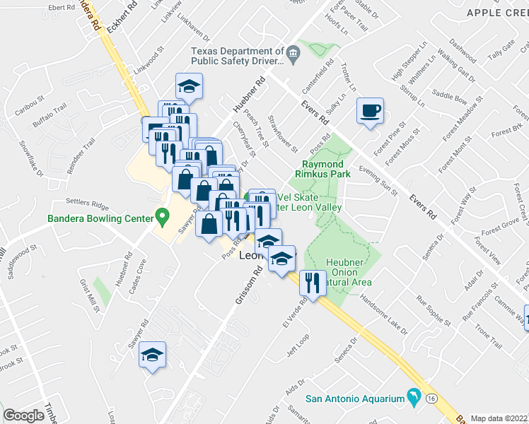 map of restaurants, bars, coffee shops, grocery stores, and more near 6812 Poss Road in San Antonio