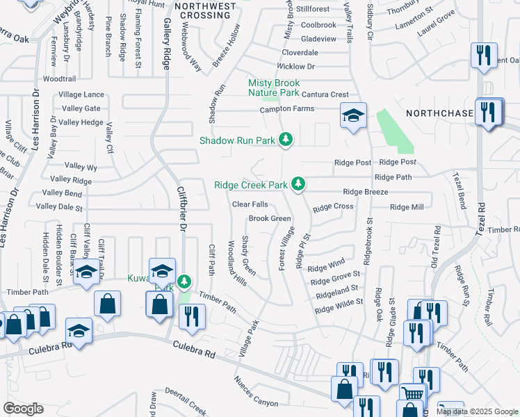 map of restaurants, bars, coffee shops, grocery stores, and more near 9518 Clear Falls in San Antonio