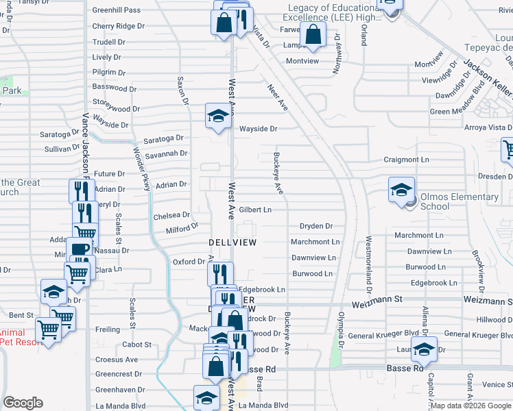 map of restaurants, bars, coffee shops, grocery stores, and more near 539 Gilbert Lane in San Antonio