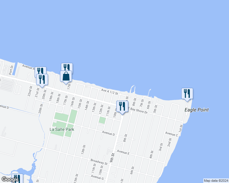 map of restaurants, bars, coffee shops, grocery stores, and more near 1022 Avenue A 1/2 Street in San Leon