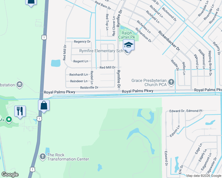 map of restaurants, bars, coffee shops, grocery stores, and more near 27 Reidsville Drive in Palm Coast