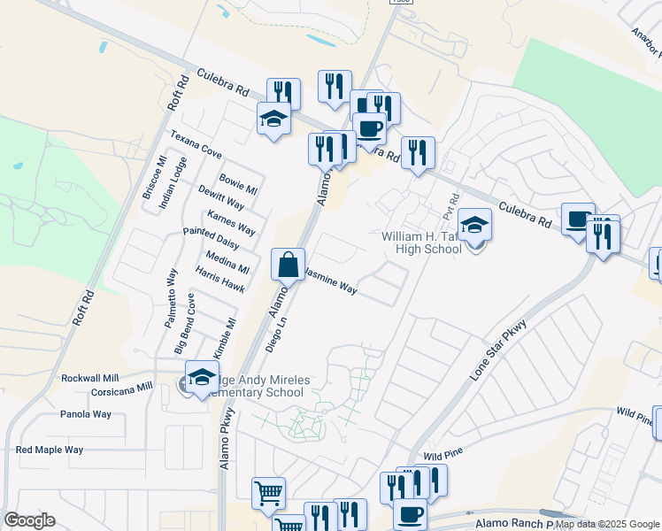 map of restaurants, bars, coffee shops, grocery stores, and more near 11918 Travis Path in San Antonio