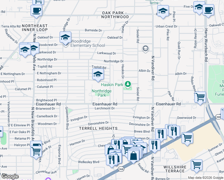 map of restaurants, bars, coffee shops, grocery stores, and more near 834 Chevy Chase Drive in San Antonio