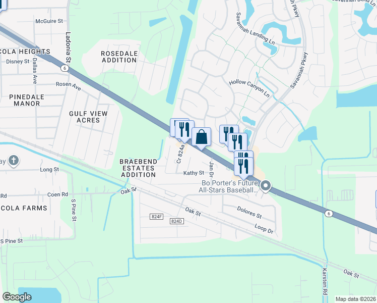 map of restaurants, bars, coffee shops, grocery stores, and more near 1307 Mildred Street in Rosharon