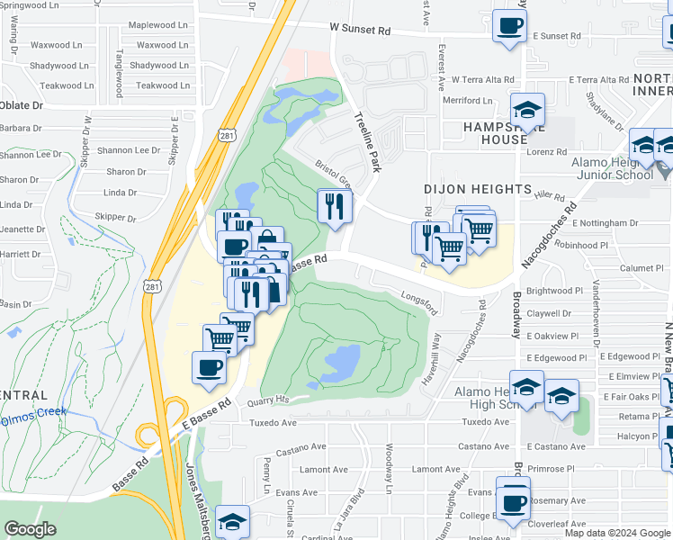 map of restaurants, bars, coffee shops, grocery stores, and more near 680 East Basse Road in San Antonio