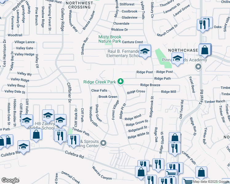 map of restaurants, bars, coffee shops, grocery stores, and more near 6519 Forest Village in San Antonio
