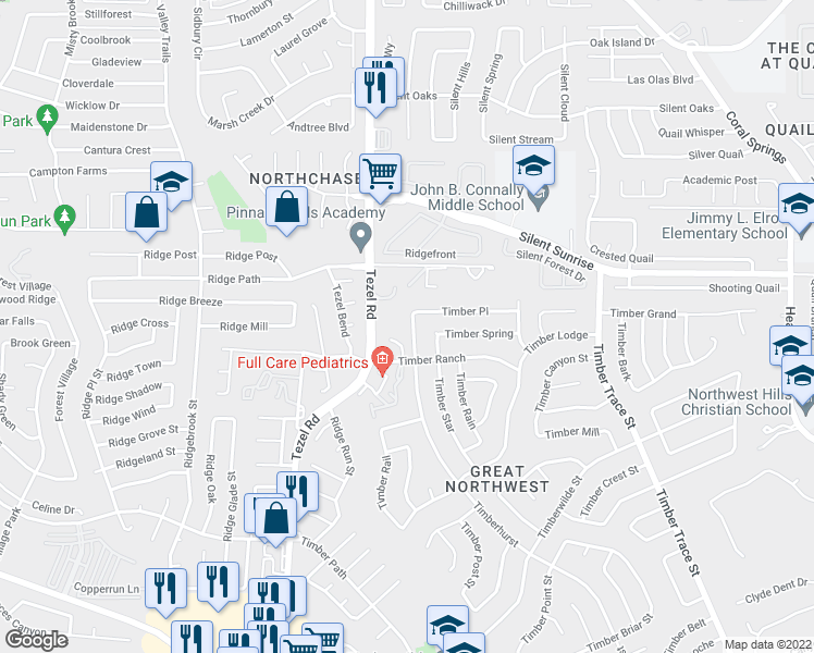 map of restaurants, bars, coffee shops, grocery stores, and more near 5827 Timberhurst in San Antonio