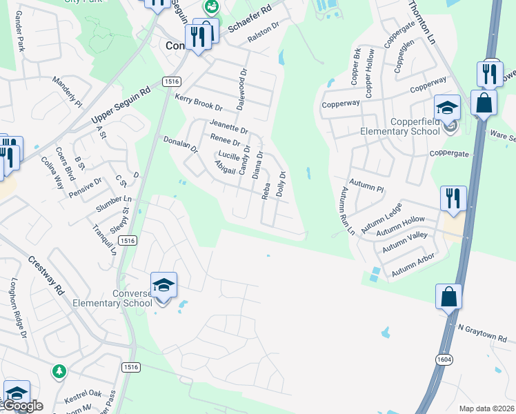 map of restaurants, bars, coffee shops, grocery stores, and more near 519 Reba in Converse