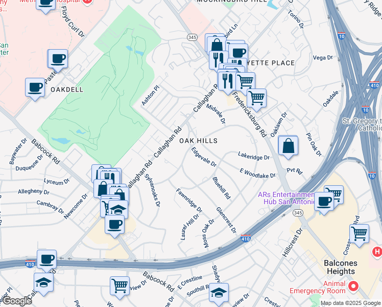 map of restaurants, bars, coffee shops, grocery stores, and more near 335 Edgevale Drive in San Antonio
