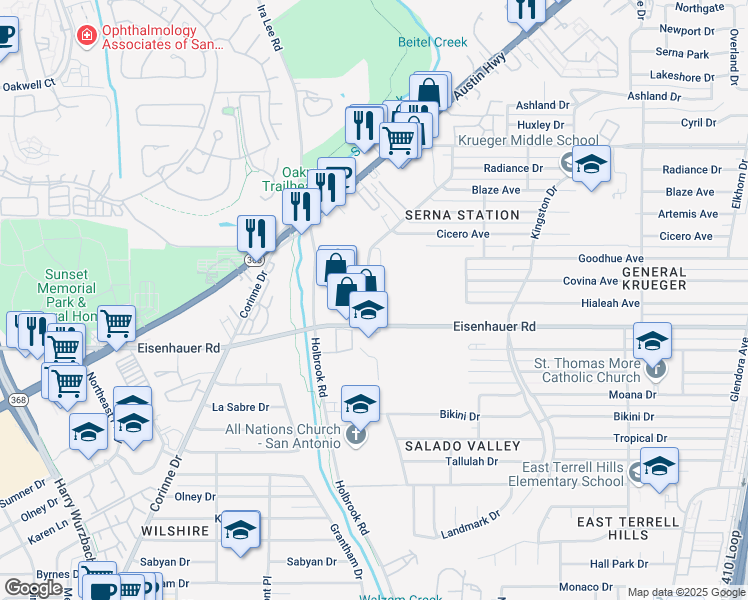 map of restaurants, bars, coffee shops, grocery stores, and more near 722 Harlow Drive in San Antonio