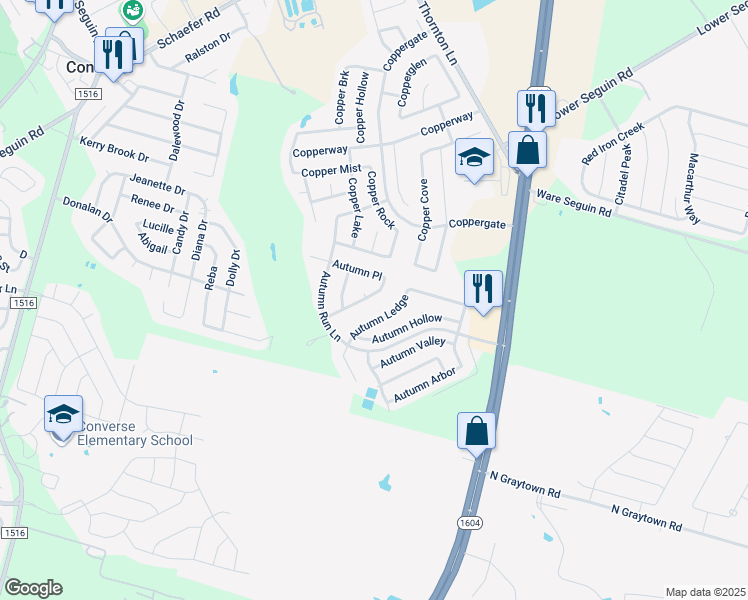 map of restaurants, bars, coffee shops, grocery stores, and more near 7222 Autumn Acres in Converse