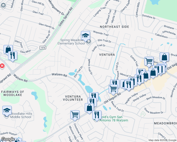 map of restaurants, bars, coffee shops, grocery stores, and more near 7071 Beech Trail Drive in San Antonio