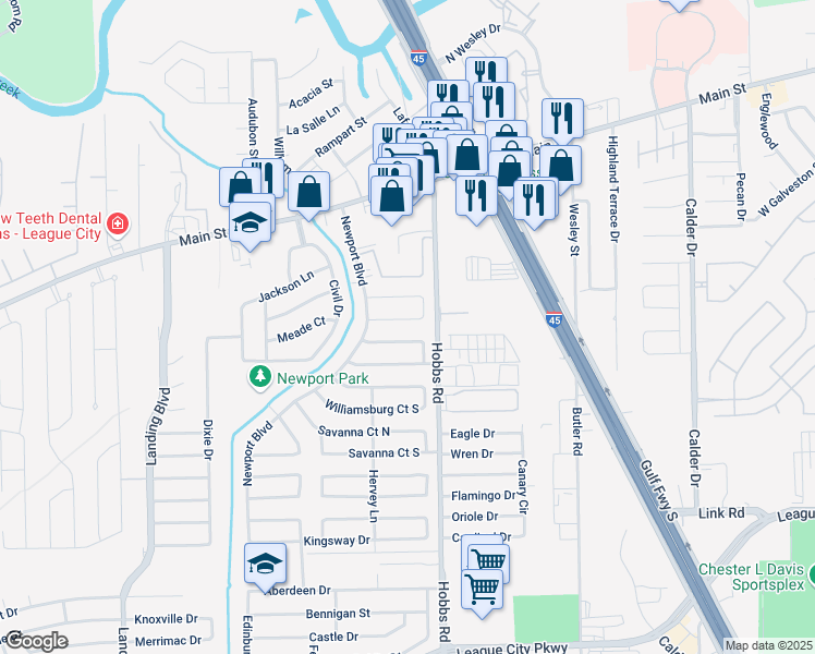 map of restaurants, bars, coffee shops, grocery stores, and more near 2001 Sunset Court South in League City