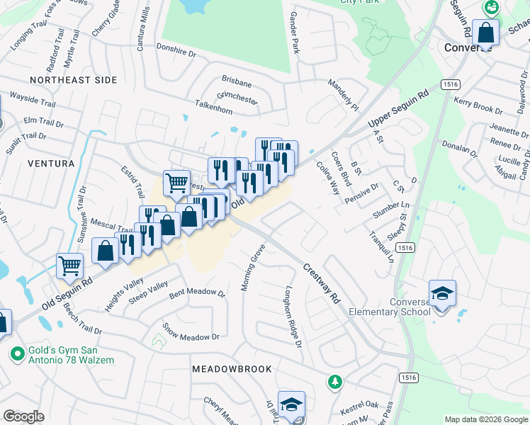 map of restaurants, bars, coffee shops, grocery stores, and more near 8931 Nature Trail in Converse