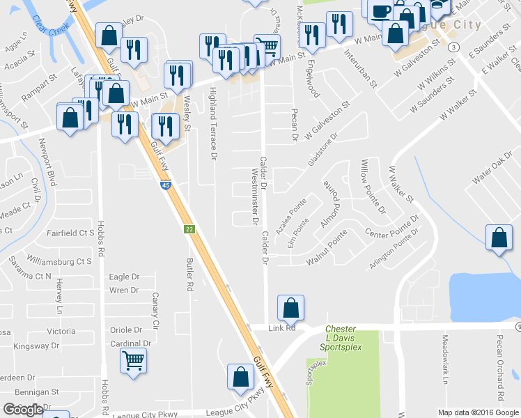 map of restaurants, bars, coffee shops, grocery stores, and more near 508 Westminster Dr in League City