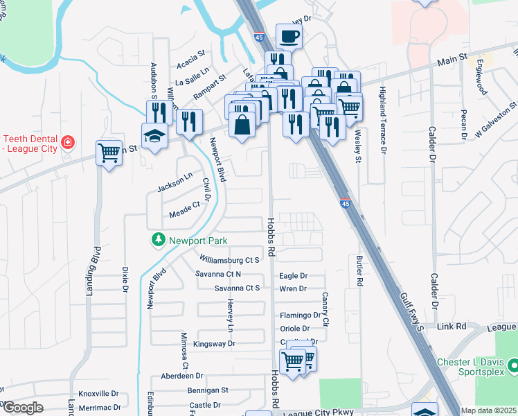 map of restaurants, bars, coffee shops, grocery stores, and more near 2001 Sunset Ct S in League City