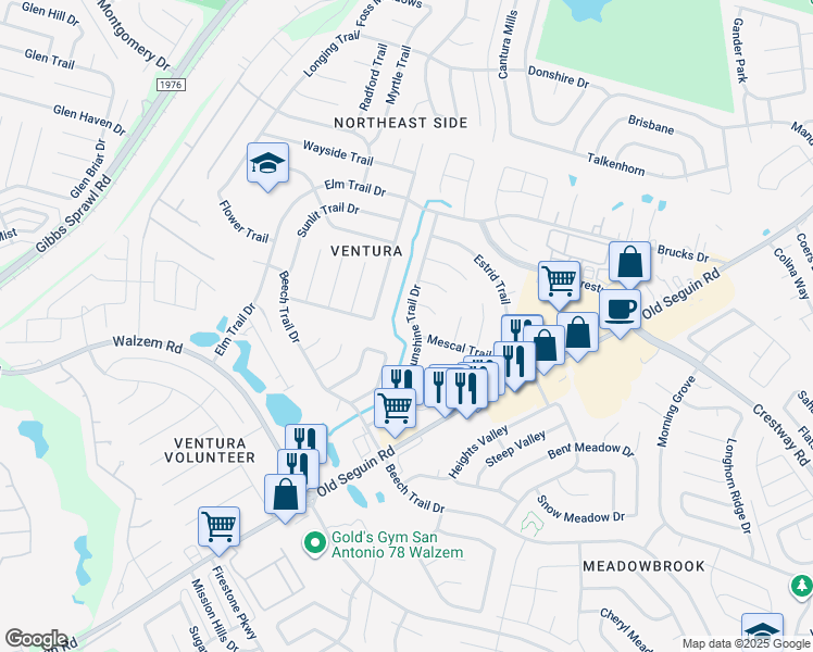 map of restaurants, bars, coffee shops, grocery stores, and more near 8147 Sunshine Trail Drive in San Antonio