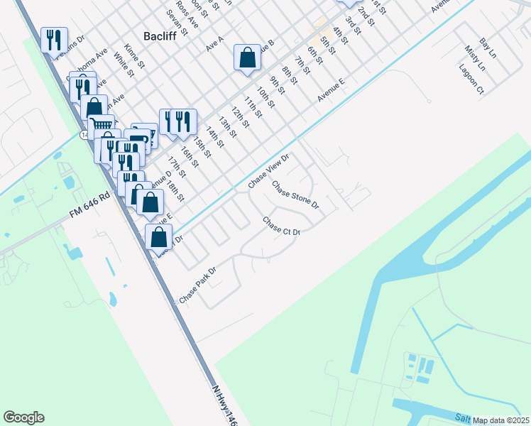 map of restaurants, bars, coffee shops, grocery stores, and more near 4839 Chase Court Drive in Bacliff