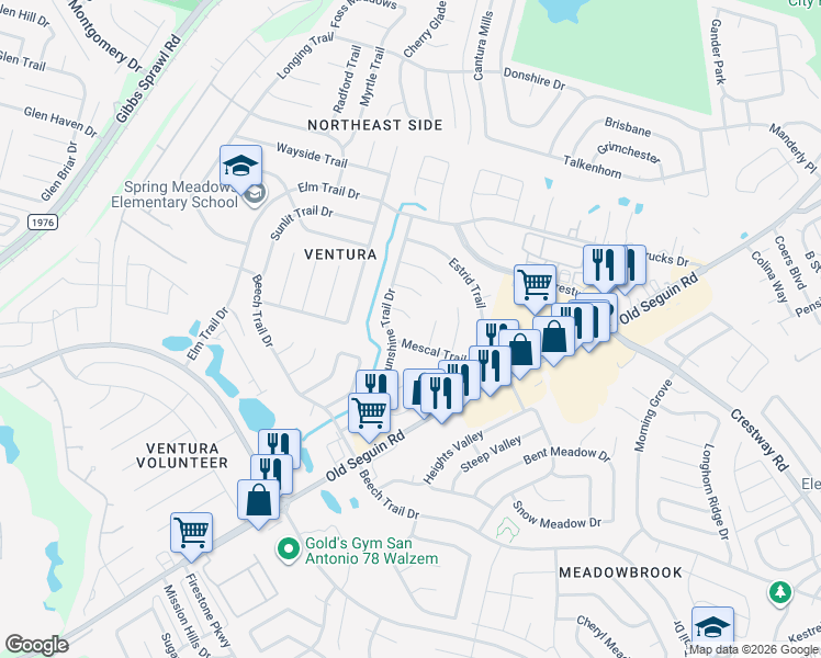 map of restaurants, bars, coffee shops, grocery stores, and more near 7326 Justino Trail in San Antonio