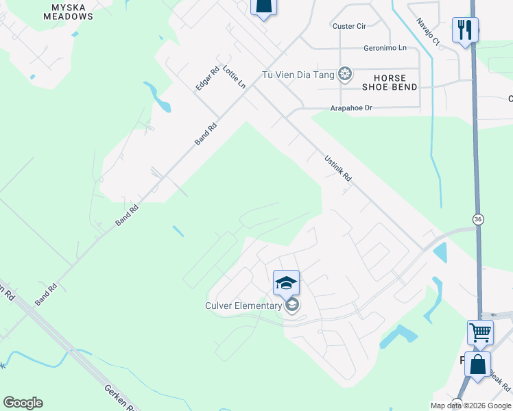 map of restaurants, bars, coffee shops, grocery stores, and more near Crestone Dr. in Rosenberg