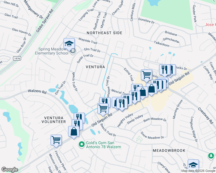 map of restaurants, bars, coffee shops, grocery stores, and more near 7326 Justino Trail in San Antonio
