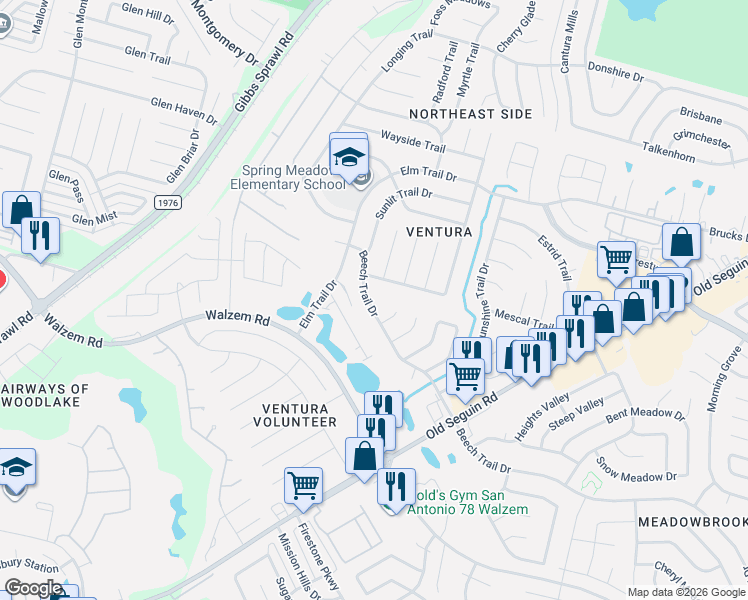 map of restaurants, bars, coffee shops, grocery stores, and more near 7071 Beech Trail Drive in San Antonio