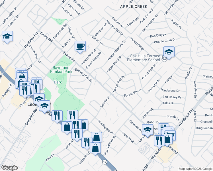 map of restaurants, bars, coffee shops, grocery stores, and more near 6506 Forest Grove in San Antonio
