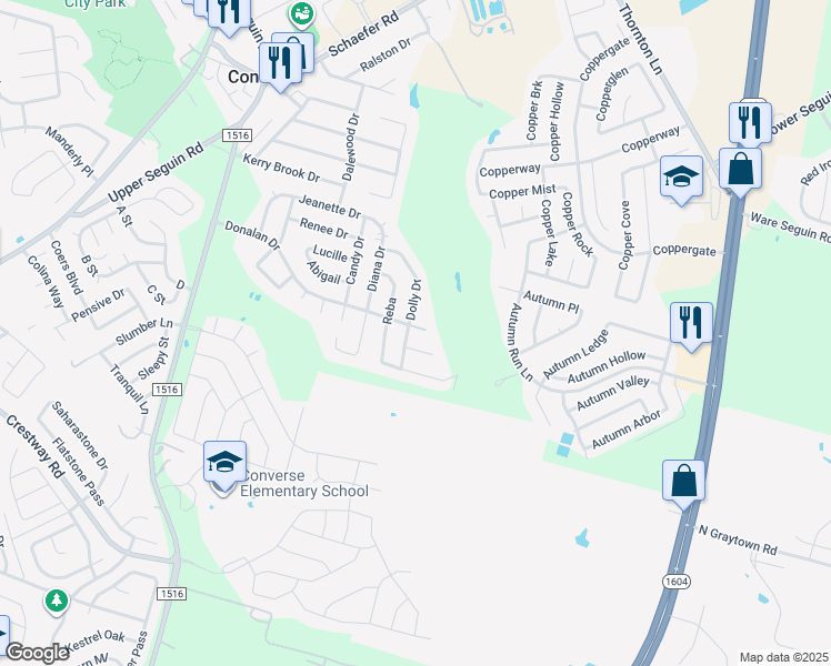 map of restaurants, bars, coffee shops, grocery stores, and more near 506 Donalan Drive in Converse