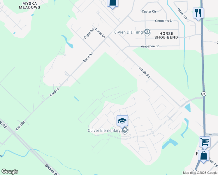 map of restaurants, bars, coffee shops, grocery stores, and more near Crestone Dr. in Rosenberg