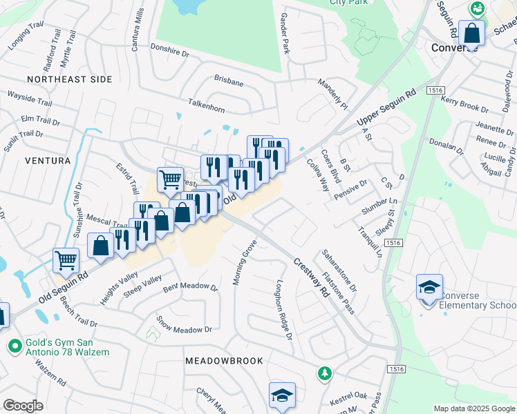 map of restaurants, bars, coffee shops, grocery stores, and more near 8931 Nature Trail in Converse