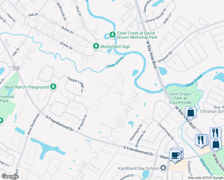 map of restaurants, bars, coffee shops, grocery stores, and more near 320 Northcliff Ridge Lane in Friendswood