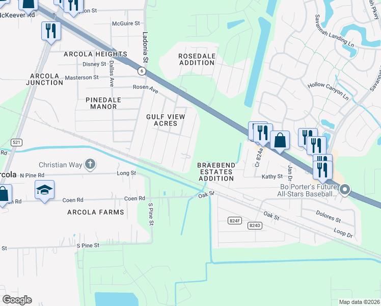 map of restaurants, bars, coffee shops, grocery stores, and more near 5907 Judy Street in Rosharon