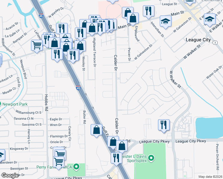 map of restaurants, bars, coffee shops, grocery stores, and more near 508 Westminster Drive in League City