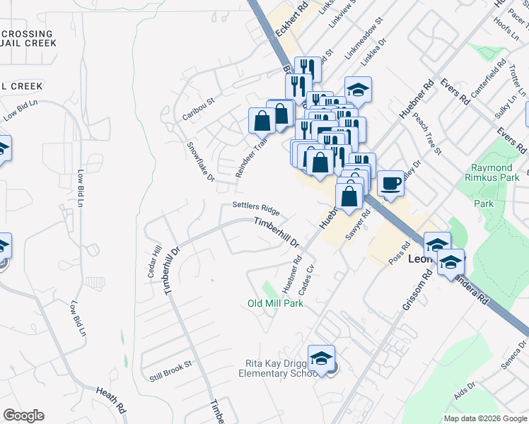 map of restaurants, bars, coffee shops, grocery stores, and more near 6739 Timberhill in San Antonio