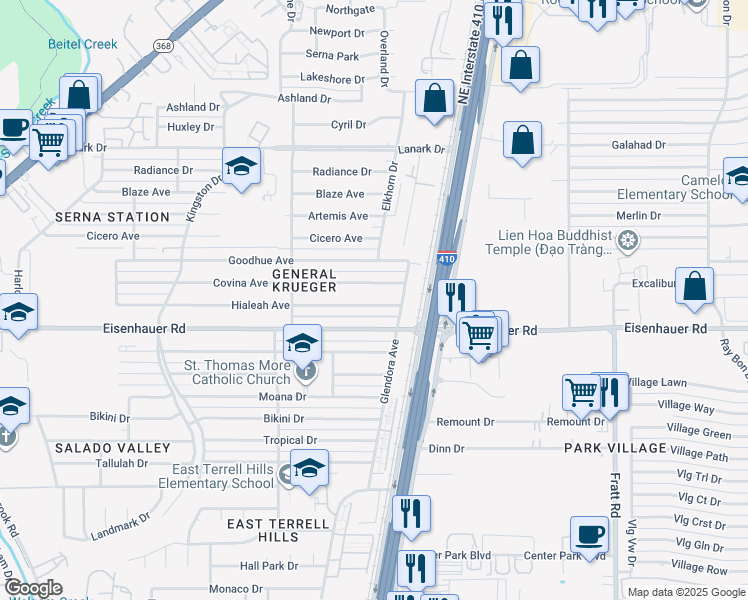 map of restaurants, bars, coffee shops, grocery stores, and more near 467 Hialeah Avenue in San Antonio