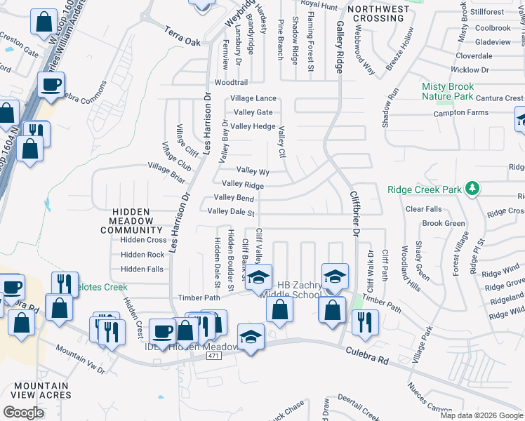 map of restaurants, bars, coffee shops, grocery stores, and more near 9467 Valley Dale Street in San Antonio