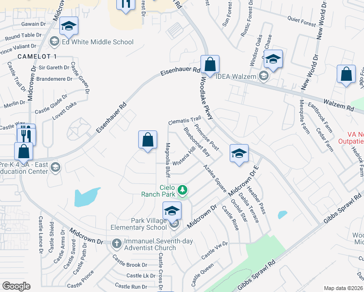 map of restaurants, bars, coffee shops, grocery stores, and more near 7327 Azalea Square in San Antonio