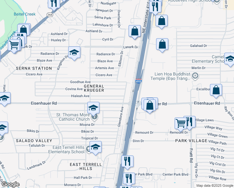 map of restaurants, bars, coffee shops, grocery stores, and more near 467 Hialeah Avenue in San Antonio