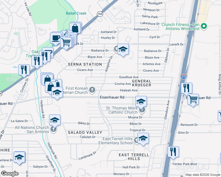 map of restaurants, bars, coffee shops, grocery stores, and more near 227 Hialeah Avenue in San Antonio