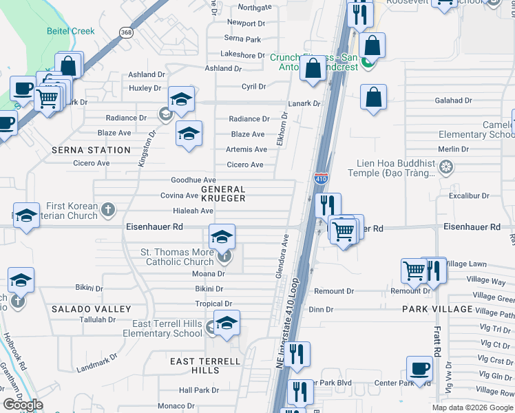 map of restaurants, bars, coffee shops, grocery stores, and more near 439 Hialeah Avenue in San Antonio
