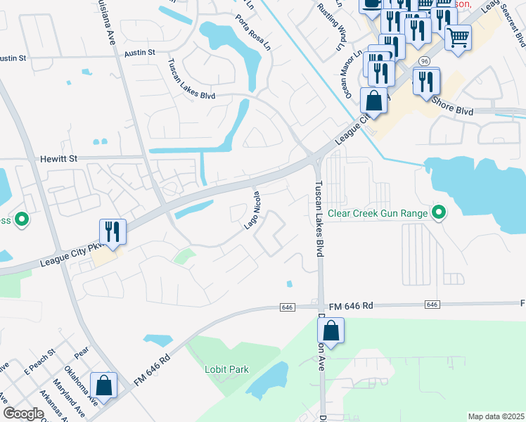 map of restaurants, bars, coffee shops, grocery stores, and more near 1607 Cintola Lane in League City