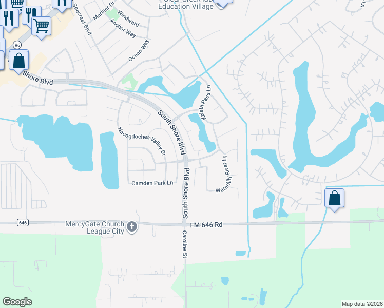 map of restaurants, bars, coffee shops, grocery stores, and more near 3102 Iris Knoll Lane in League City