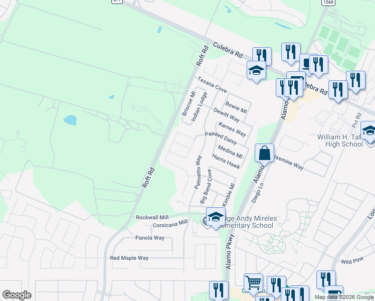 map of restaurants, bars, coffee shops, grocery stores, and more near 6219 Gilmer Mill in San Antonio