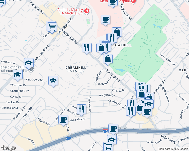 map of restaurants, bars, coffee shops, grocery stores, and more near 4731 Lorelei Drive in San Antonio